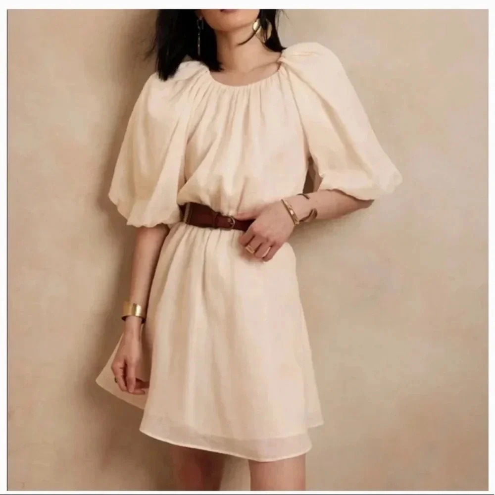 Banana Republic Cream Ramie Dress Open Back Puff Sleeve size XL